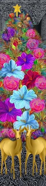 Free printable Christmas bookmarks of a deer beside a Christmas tree